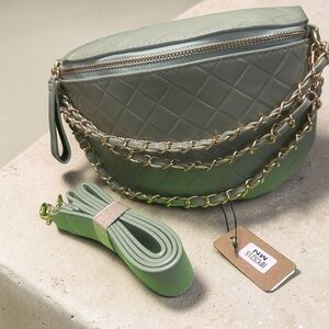 Sage Green Quilted Crossbody Belt Bag Gold Chain Detail Removable Strap
